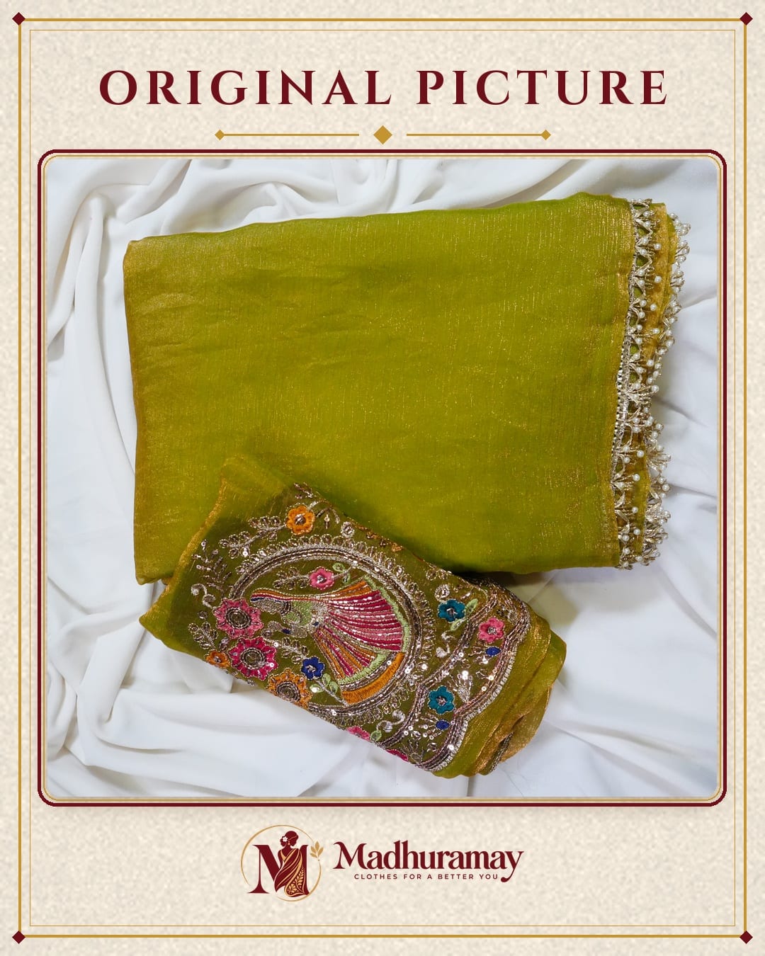 Olive Green Golden Border Party Glam Saree with Embroidered Blouse - image 3