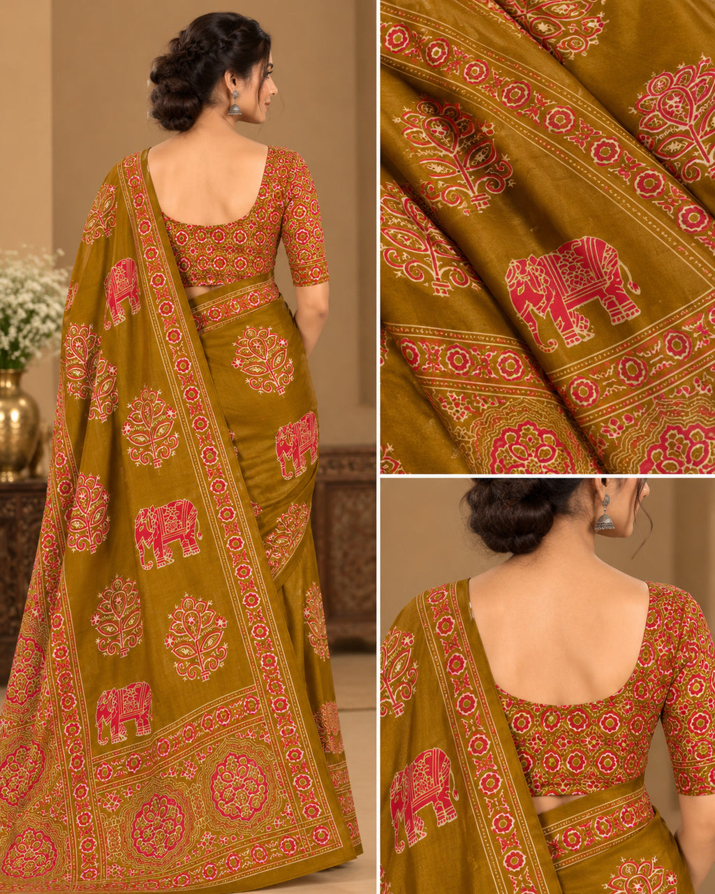 Semi-Ajrak Yellow Printed Soft Silk Saree with Unstitched Blouse - image 2