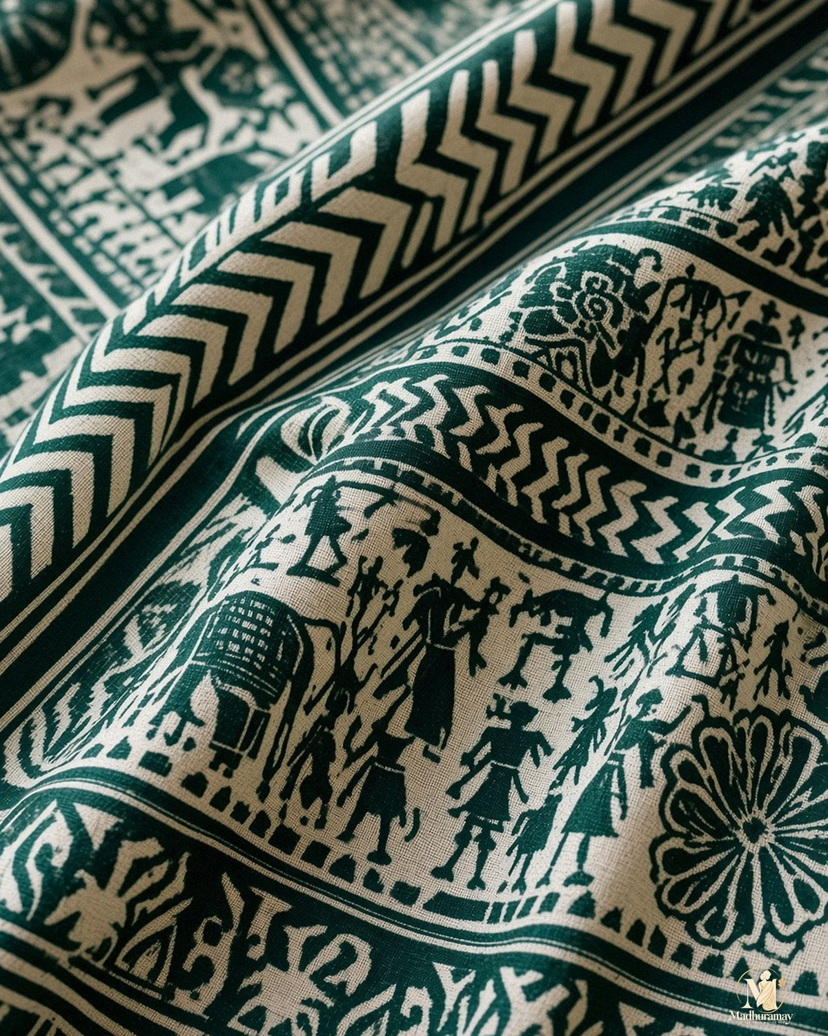 Dark Green & White Utsav Kalamkari Elephant Saree - image 4