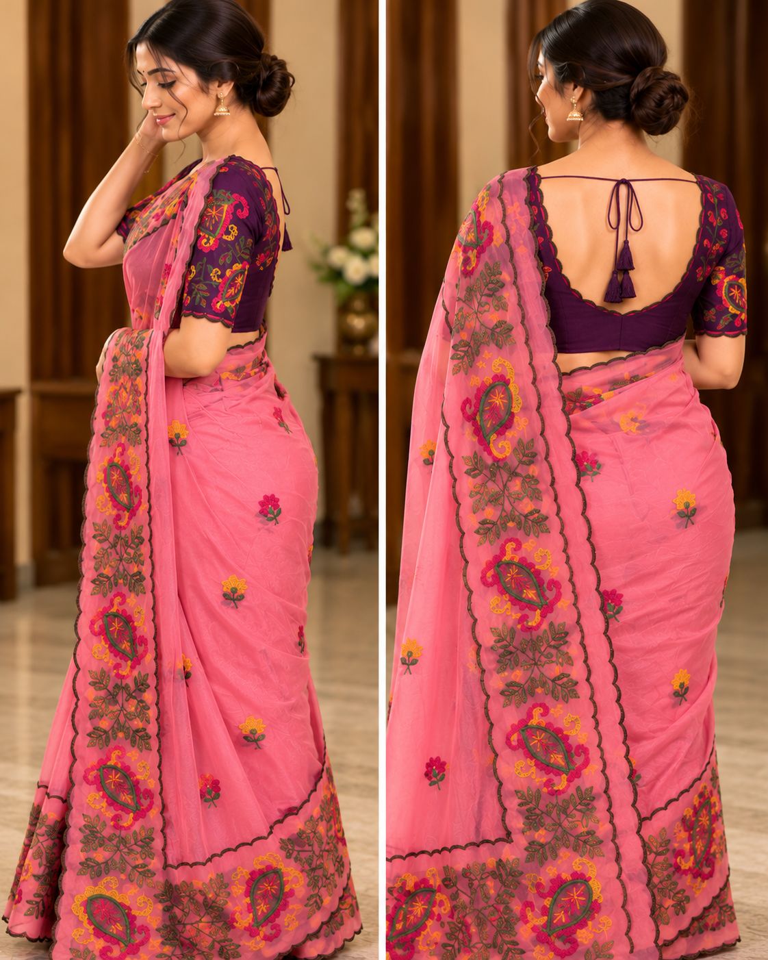 Pink Celebration Blossom Saree with Purple Blouse - image 7
