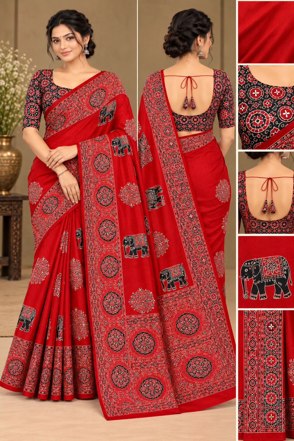 Semi-Ajrak Red Printed Soft Silk Saree with Unstitched Blouse - image 2