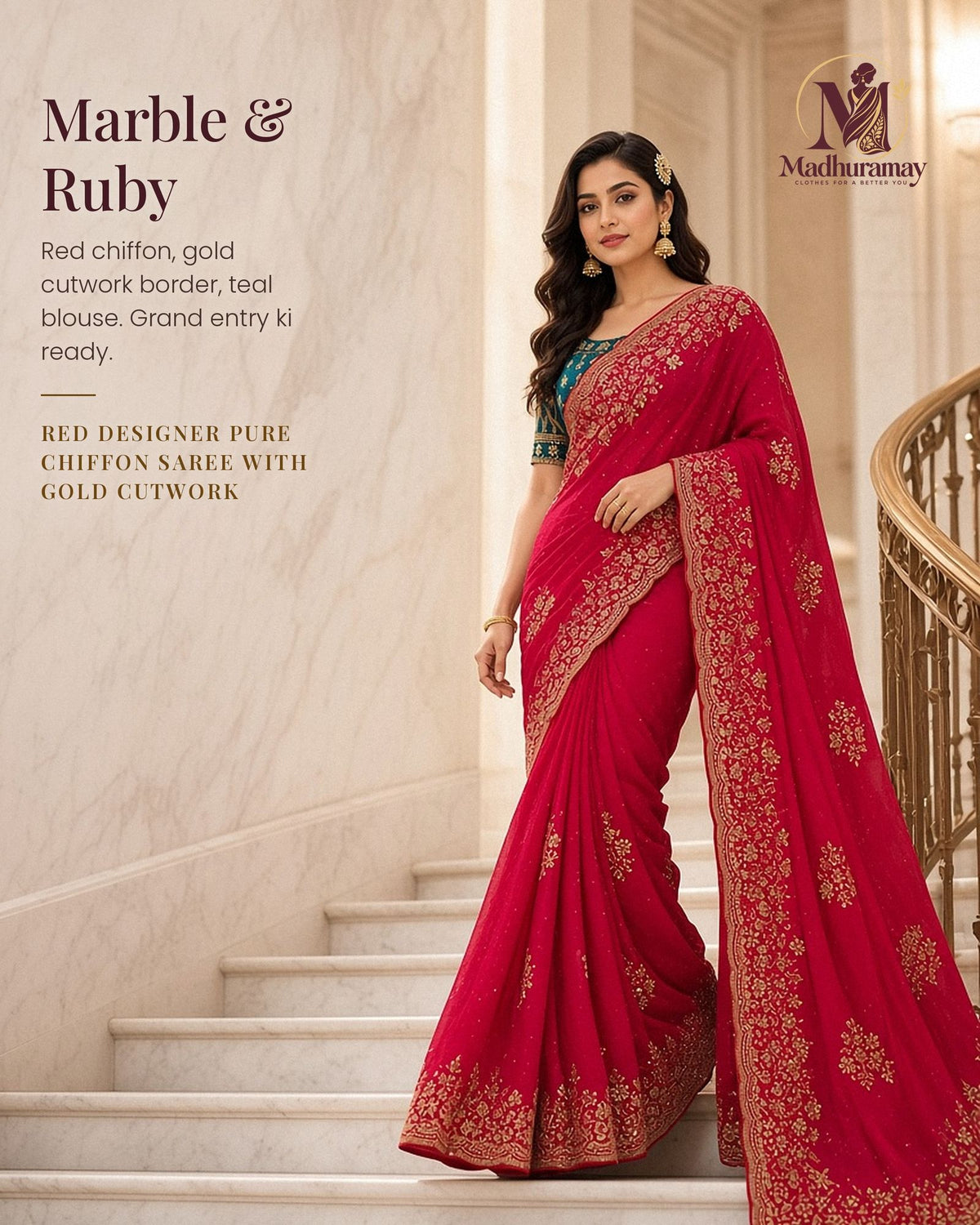 Crimson Red Cutwork Party Glam Saree with Designer Blouse - image 2