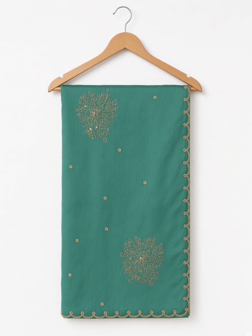 Teal Green Golden Blossom Festive Saree with Scalloped Border - image 4