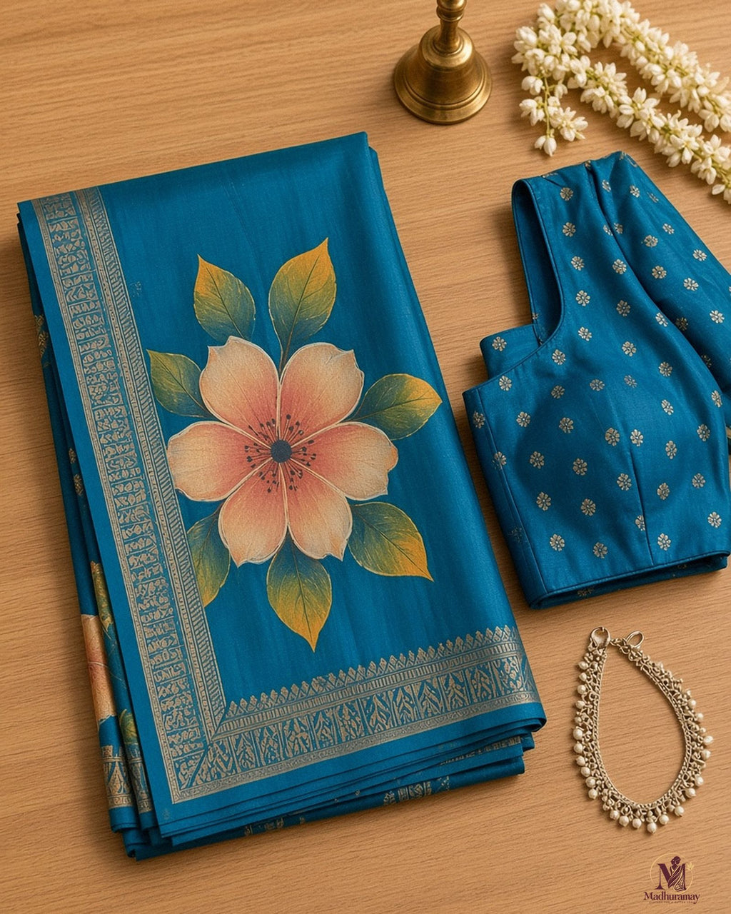 Teal Blue Festive Bloom Saree with Zari Border - image 3