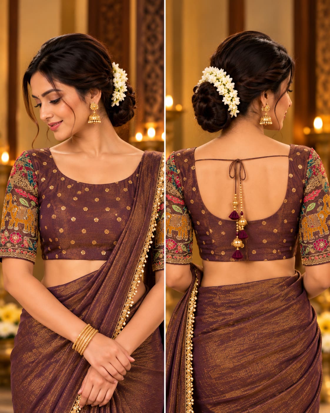 Regal Purple-Brown Antique Gold Party Glam Saree - image 7