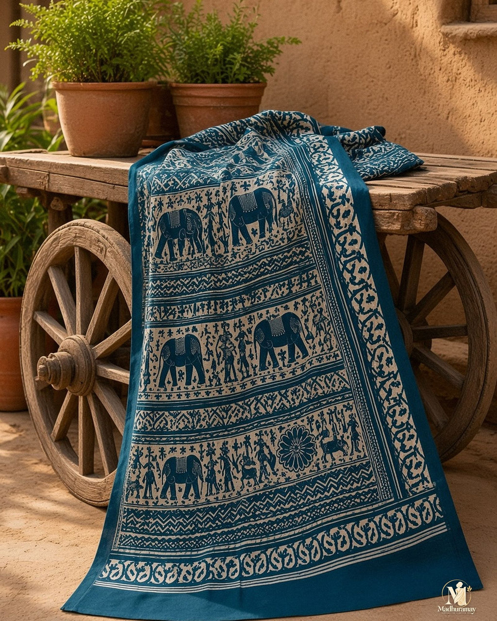 Dark Teal & White Utsav Kalamkari Elephant Saree - image 5