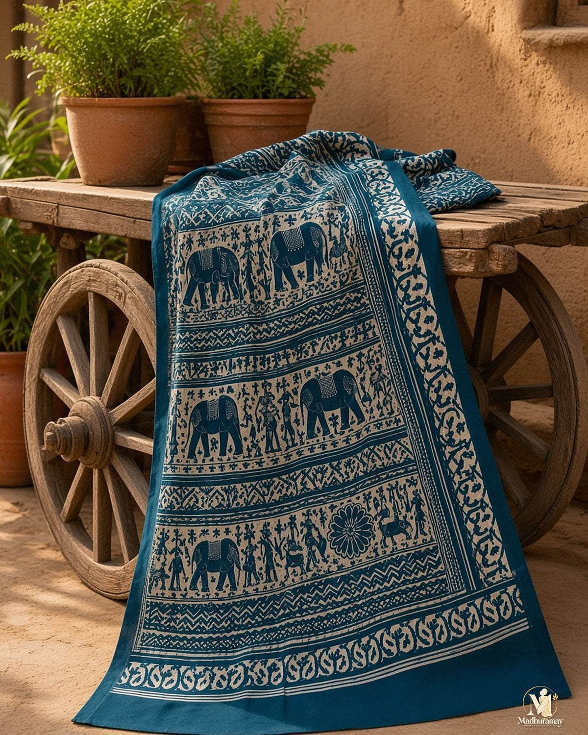 Dark Teal & White Utsav Kalamkari Elephant Saree - image 5