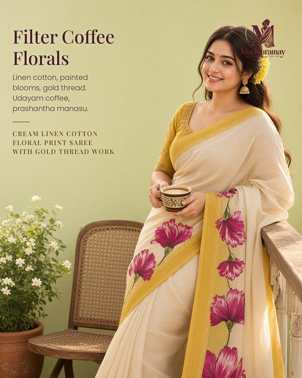 Floral Linen Cotton Festive Saree with Gold Thread Work - image 1