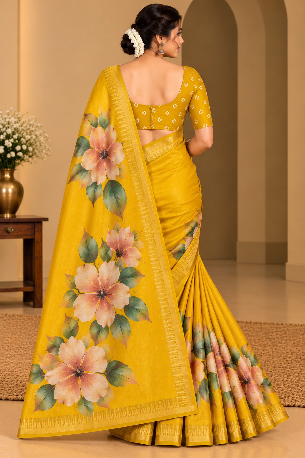 Sunshine Yellow Festive Bloom Saree with Zari Border - image 7