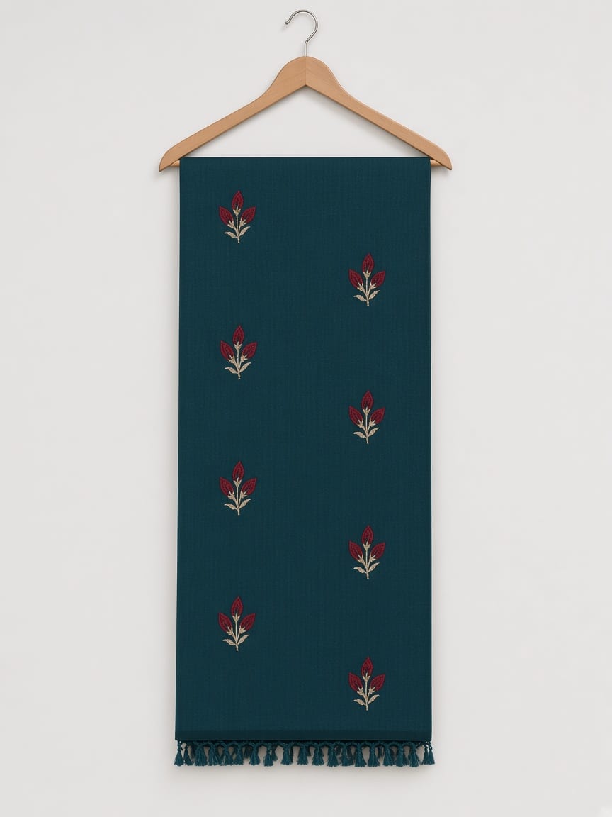 Royal Green Rose Bud Embroidered Festive Saree with Maroon Blouse - image 3