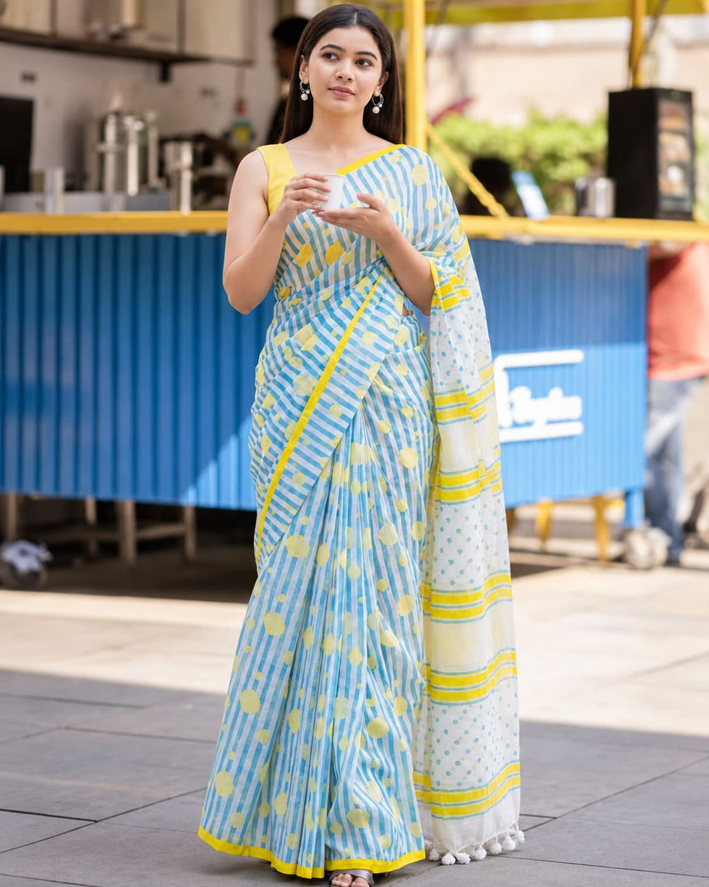 Sky Blue Stripes & Polka Dot Festive Day Saree - image 6