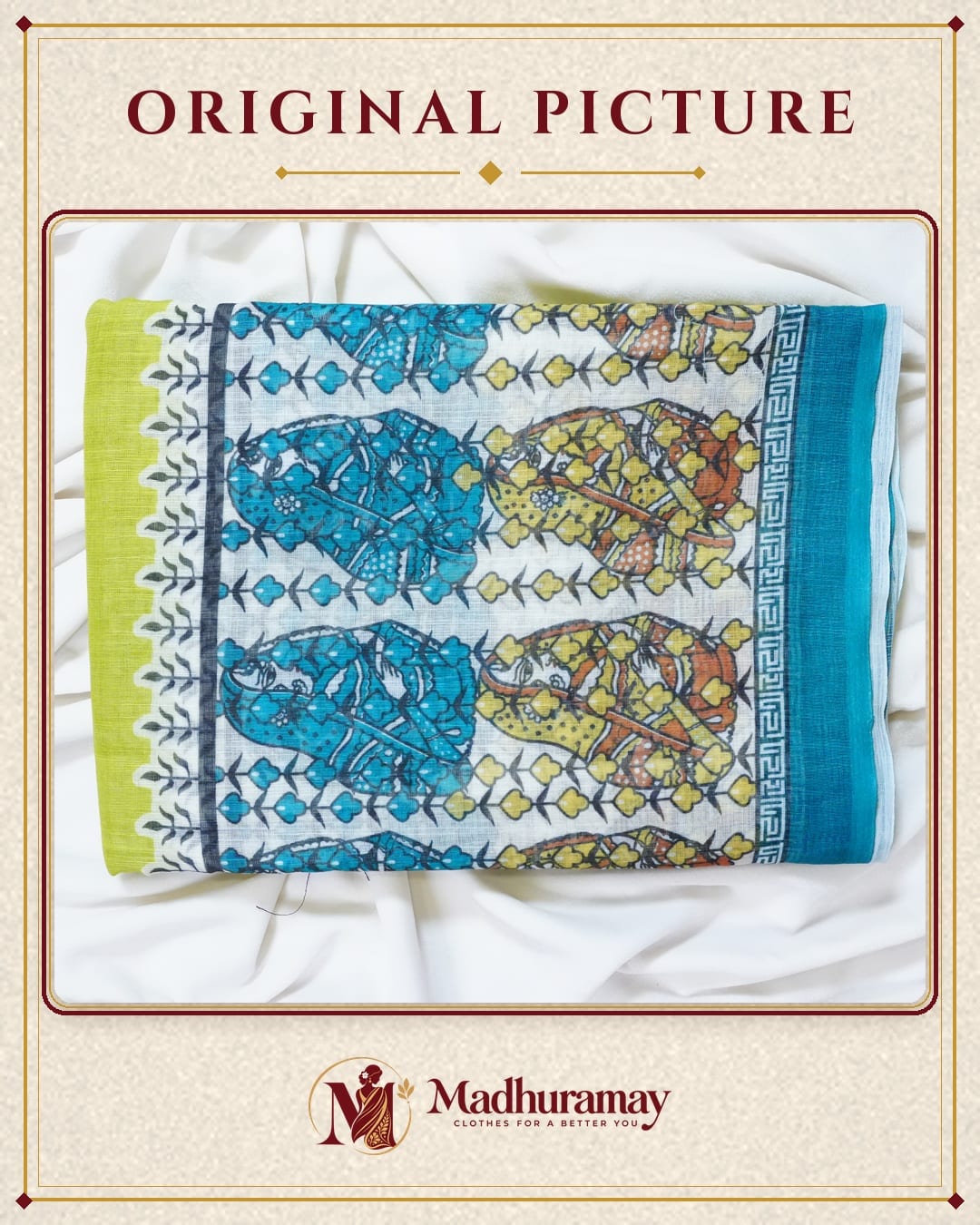Olive Green Folk Art Festive Saree with Teal Border - image 2