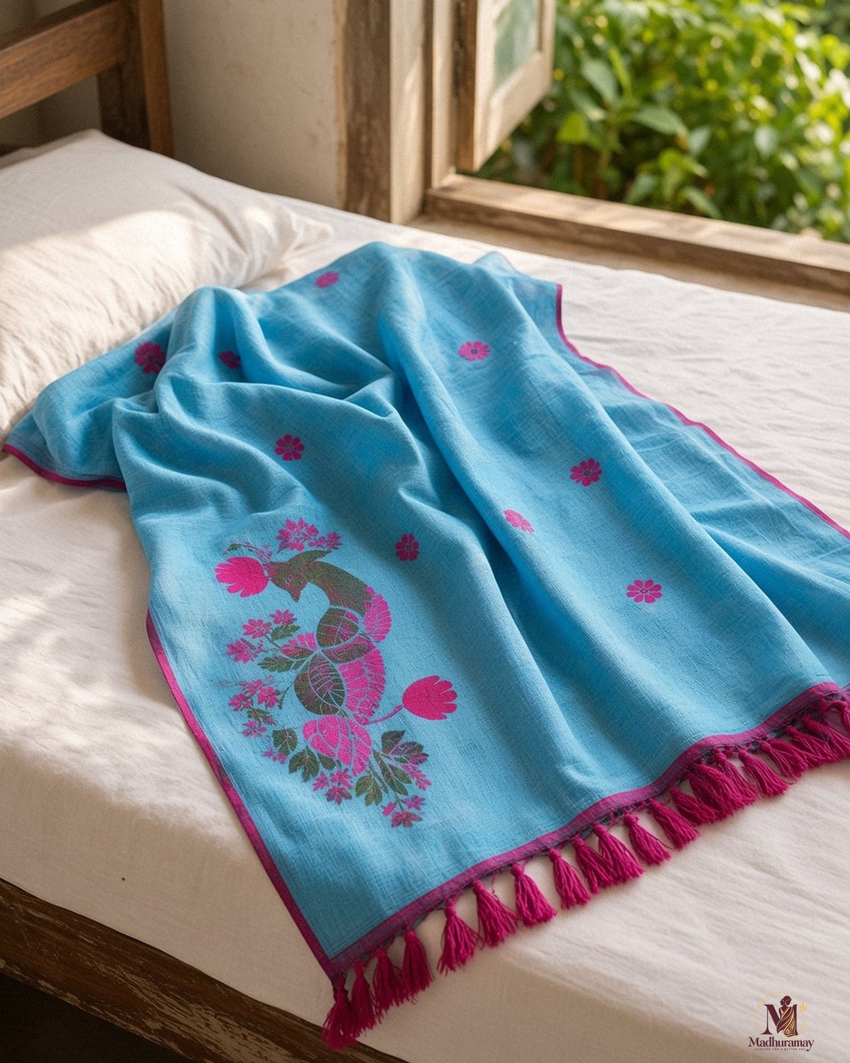 Sky Blue Peacock Print Festive Saree with Magenta Border - image 5