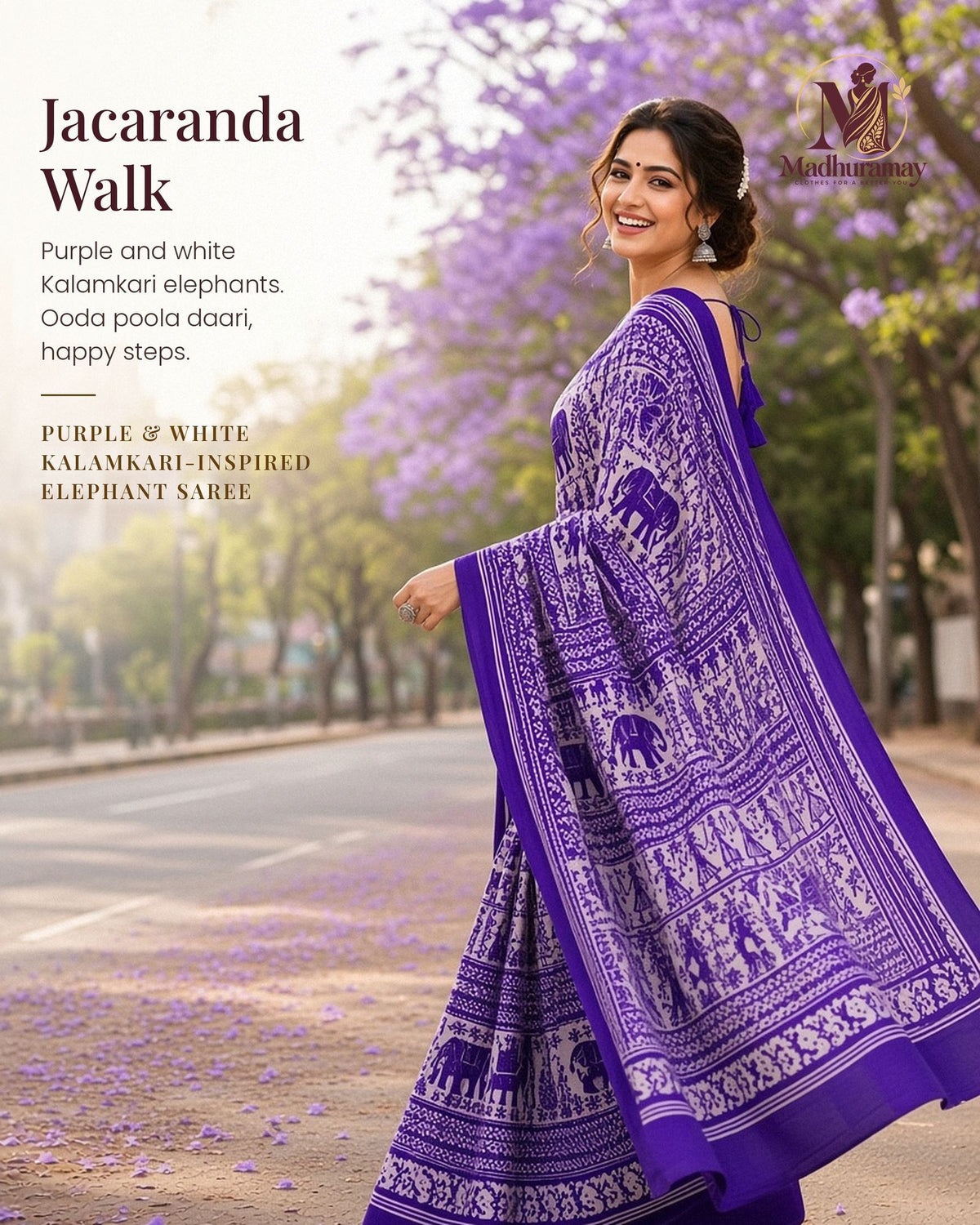 Purple & White Utsav Kalamkari Elephant Saree - image 1