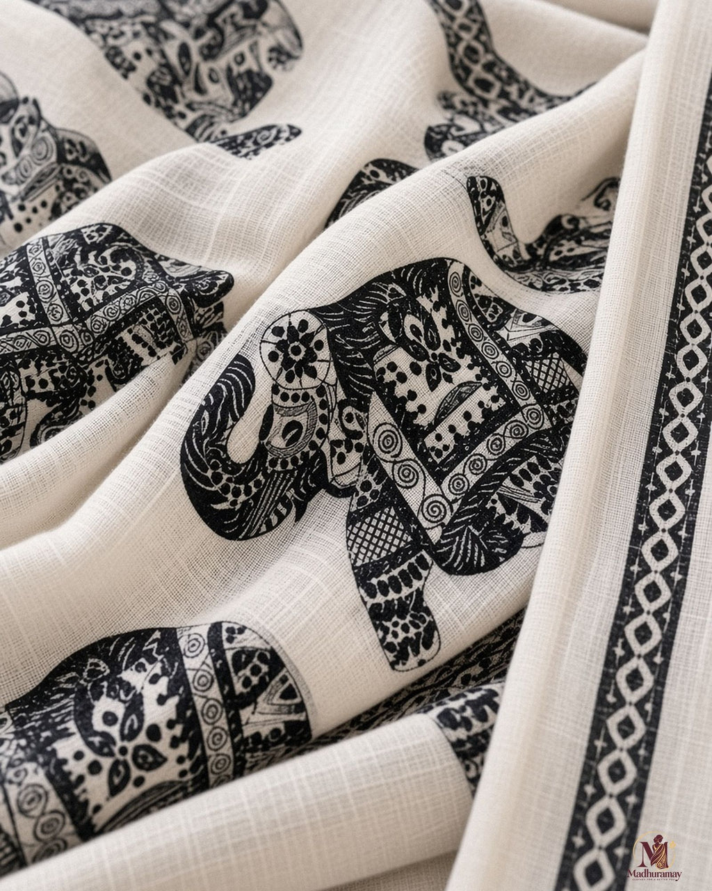 White & Black Elephant Motif Festive Saree - image 4