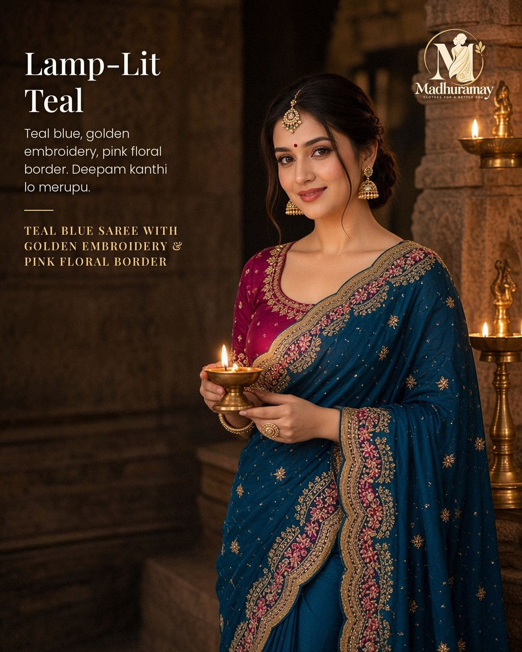 Teal Blue Golden Embroidery Evening Party Saree with Pink Floral Border - image 1