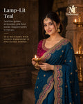 Teal Blue Golden Embroidery Evening Party Saree with Pink Floral Border - image 1