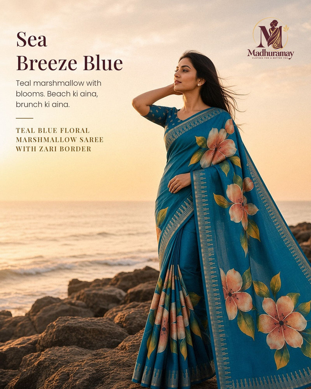 Teal Blue Festive Bloom Saree with Zari Border - image 1