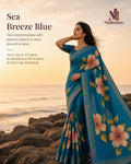 Teal Blue Festive Bloom Saree with Zari Border - image 1