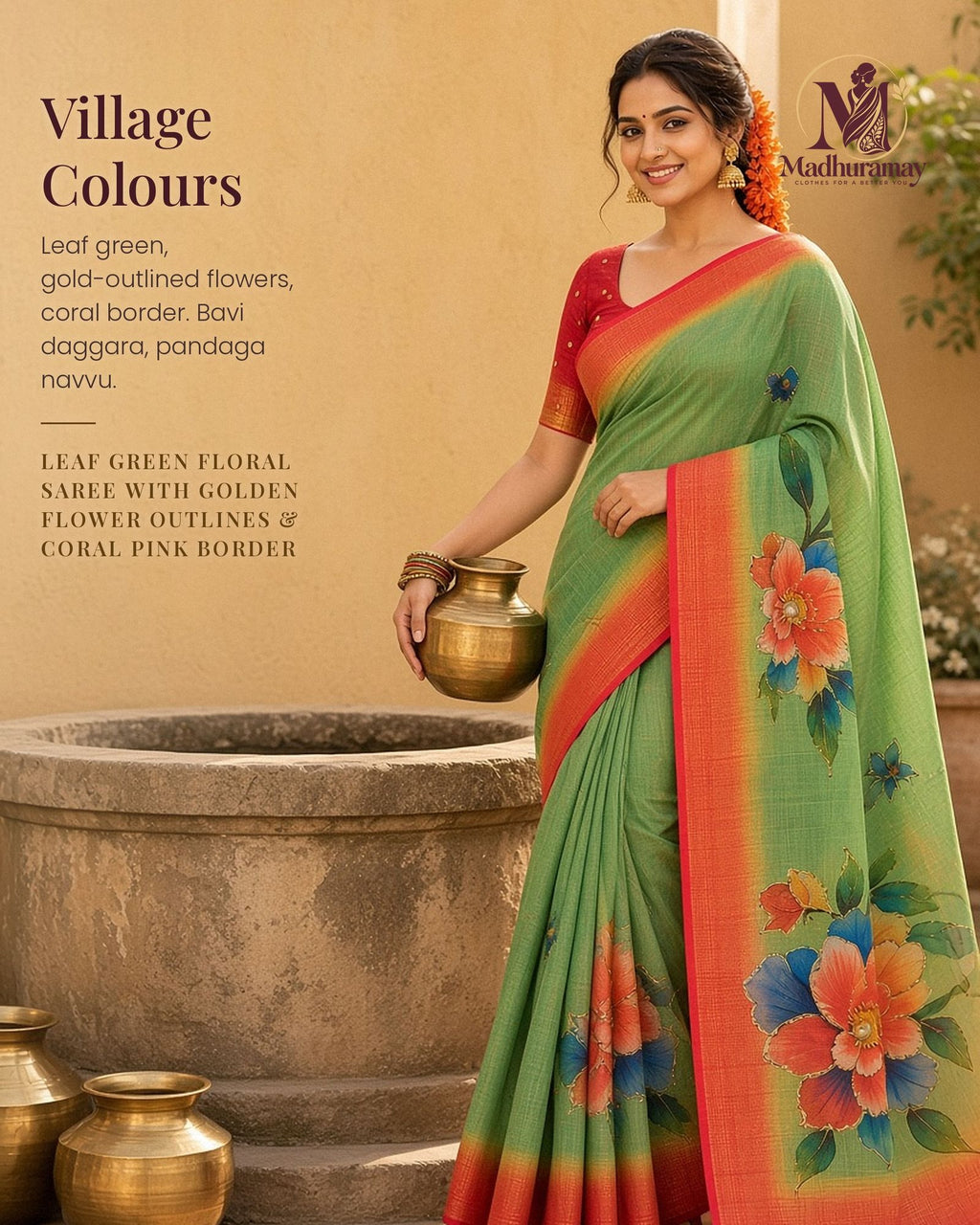Leaf Green Golden Garden Festive Saree with Coral Border - image 1