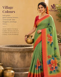 Leaf Green Golden Garden Festive Saree with Coral Border - image 1