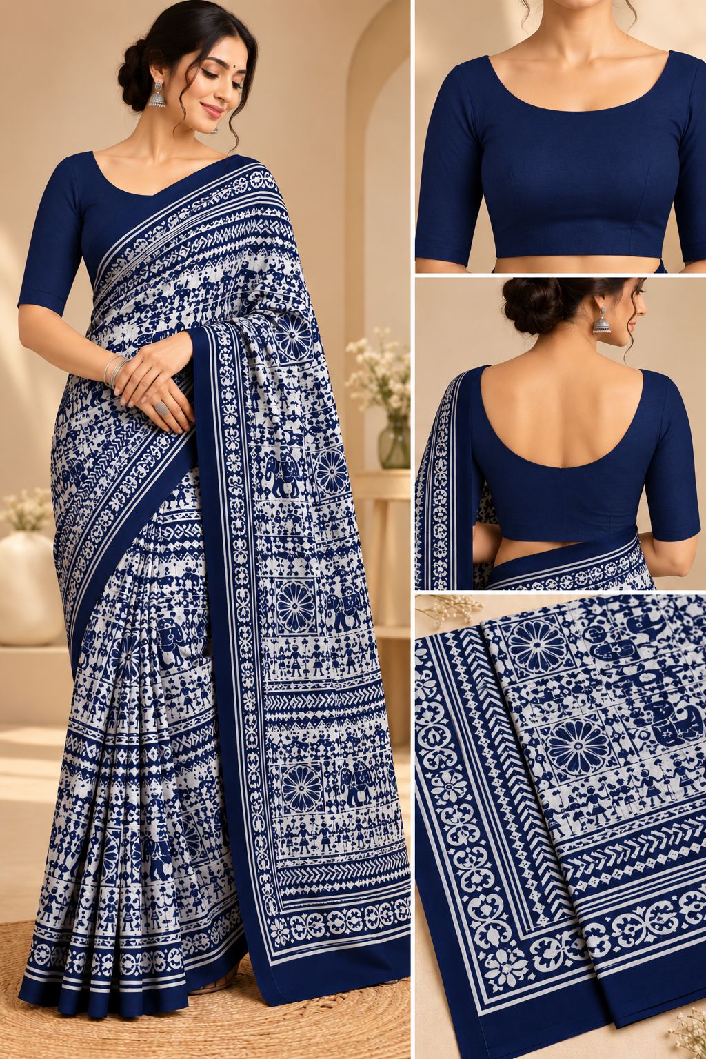 Navy Blue & White Festive Print Saree - image 8