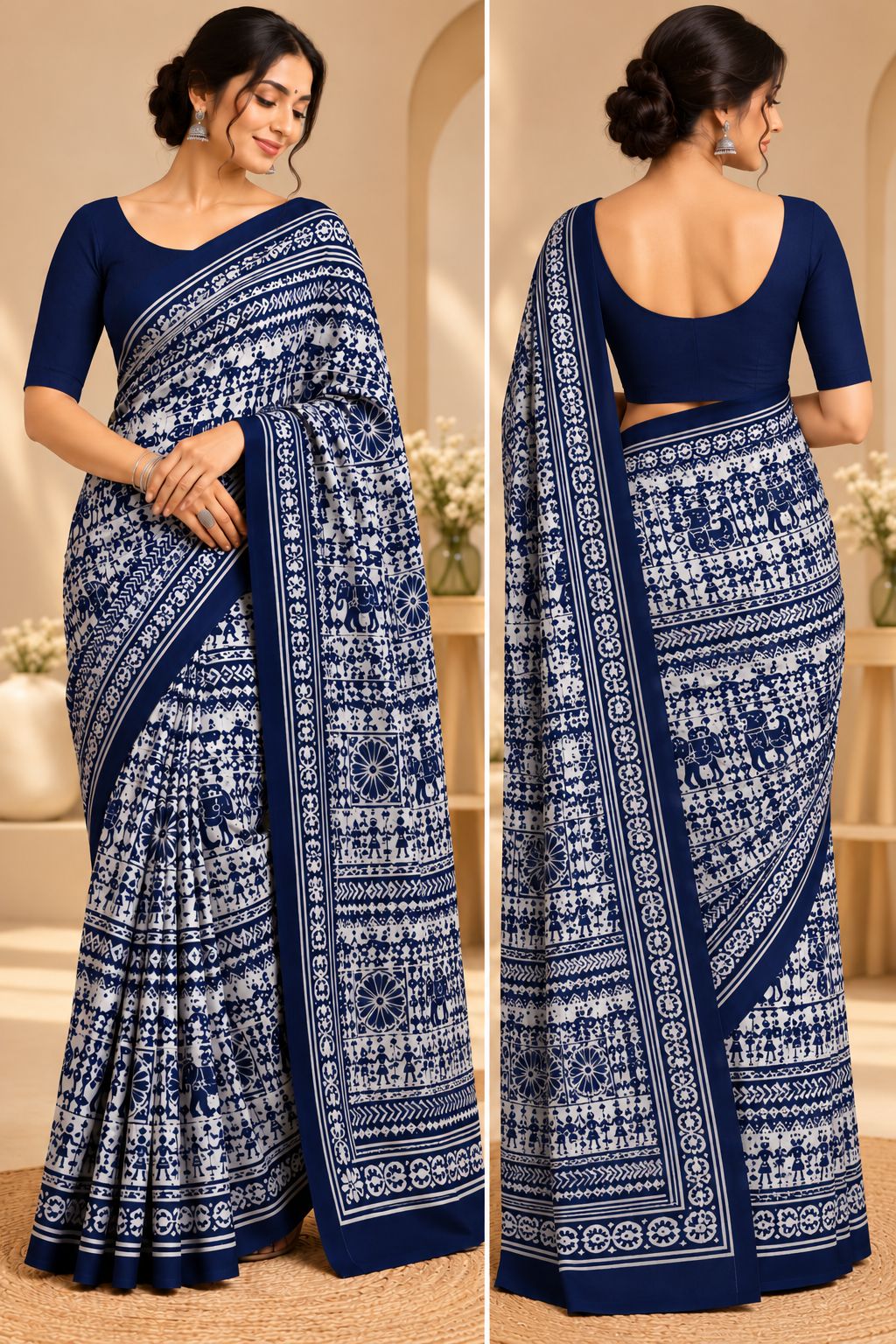 Navy Blue & White Festive Print Saree - image 7