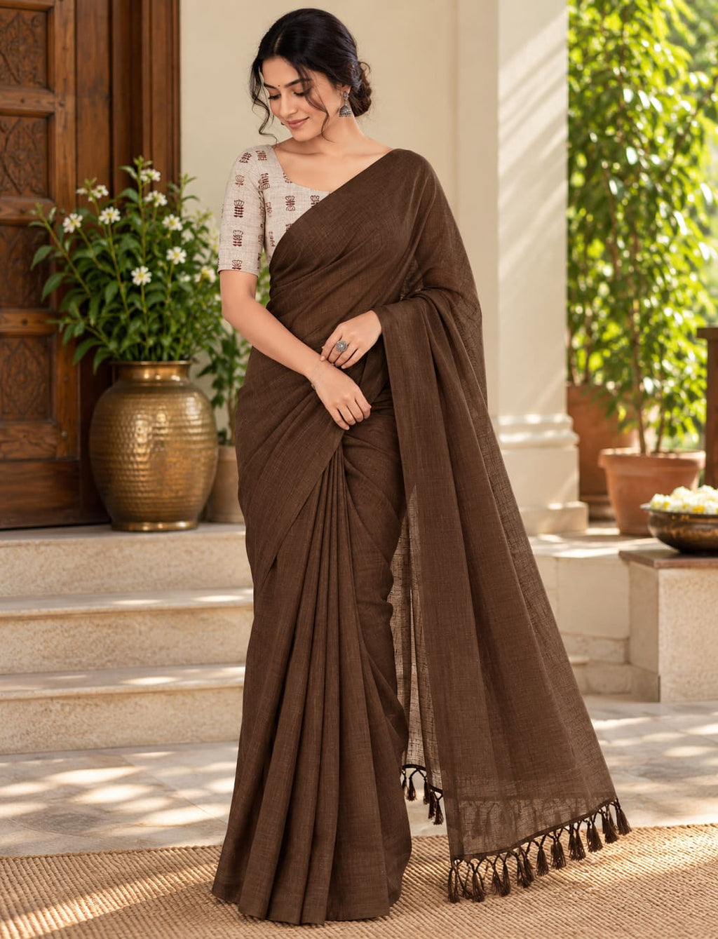 Earthy Brown Tassel Pallu Festive Saree with Beige Printed Blouse - image 6