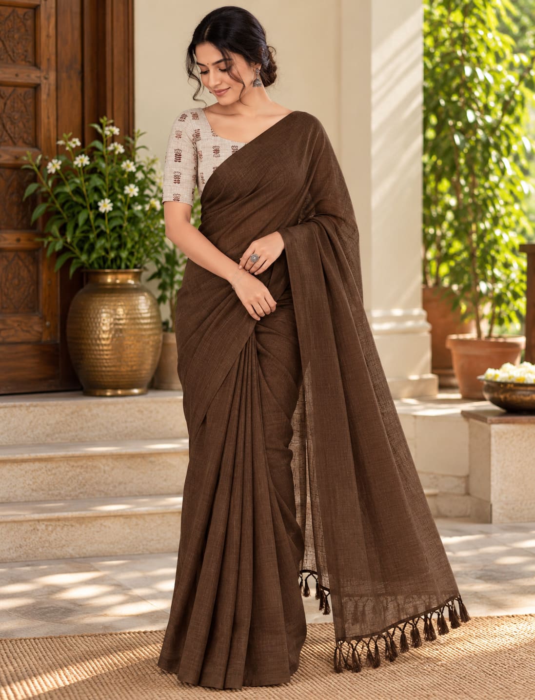 Earthy Brown Tassel Pallu Festive Saree with Beige Printed Blouse - image 6