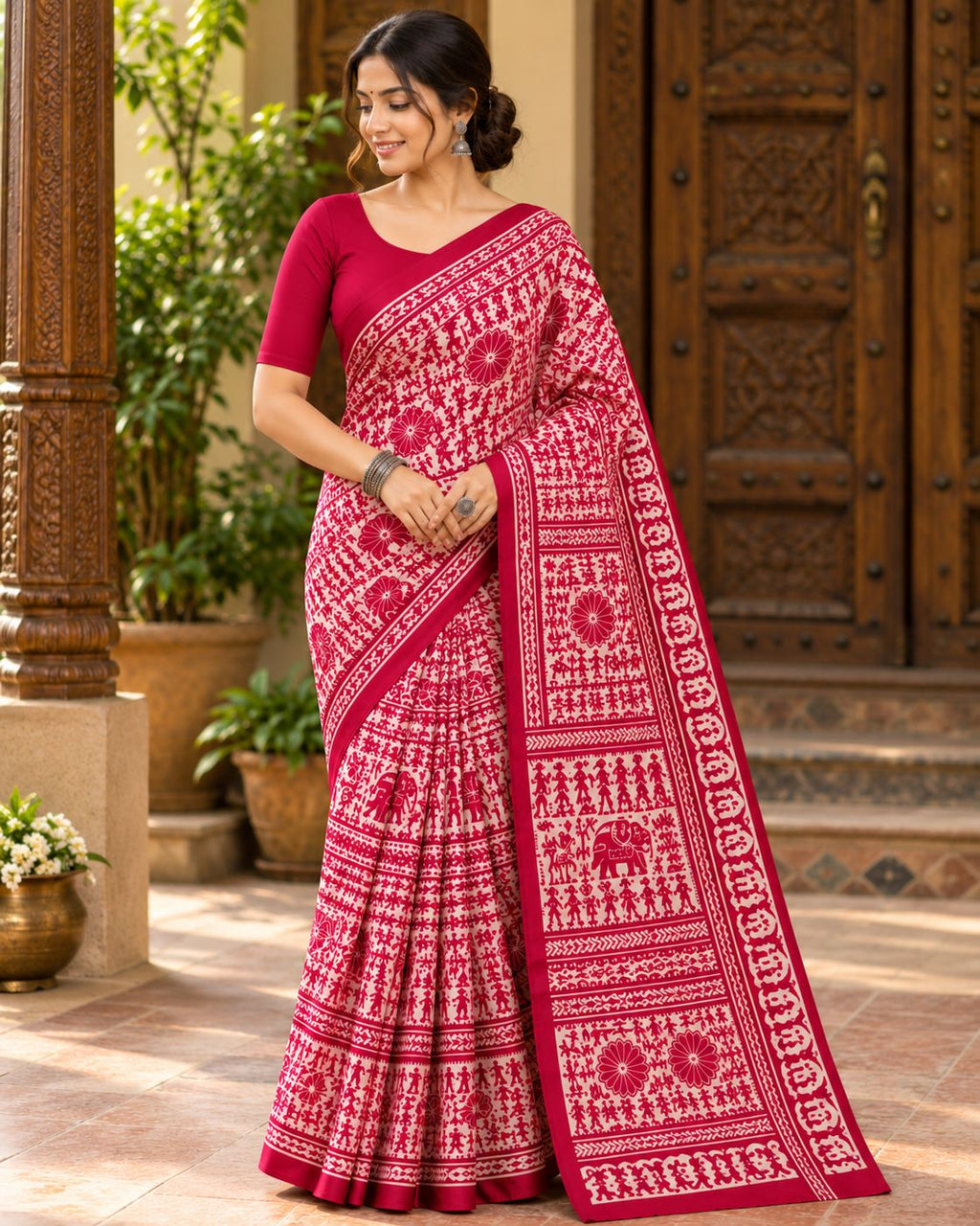 Pink & White Utsav Kalamkari Elephant Saree - image 6
