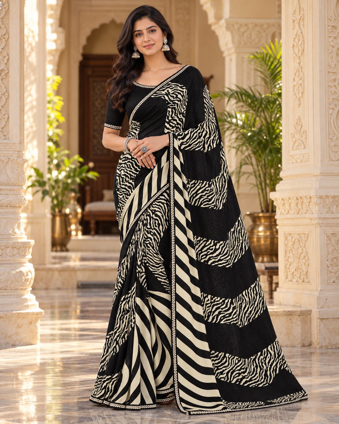Black & Cream Zebra Print Evening Party Saree - image 6