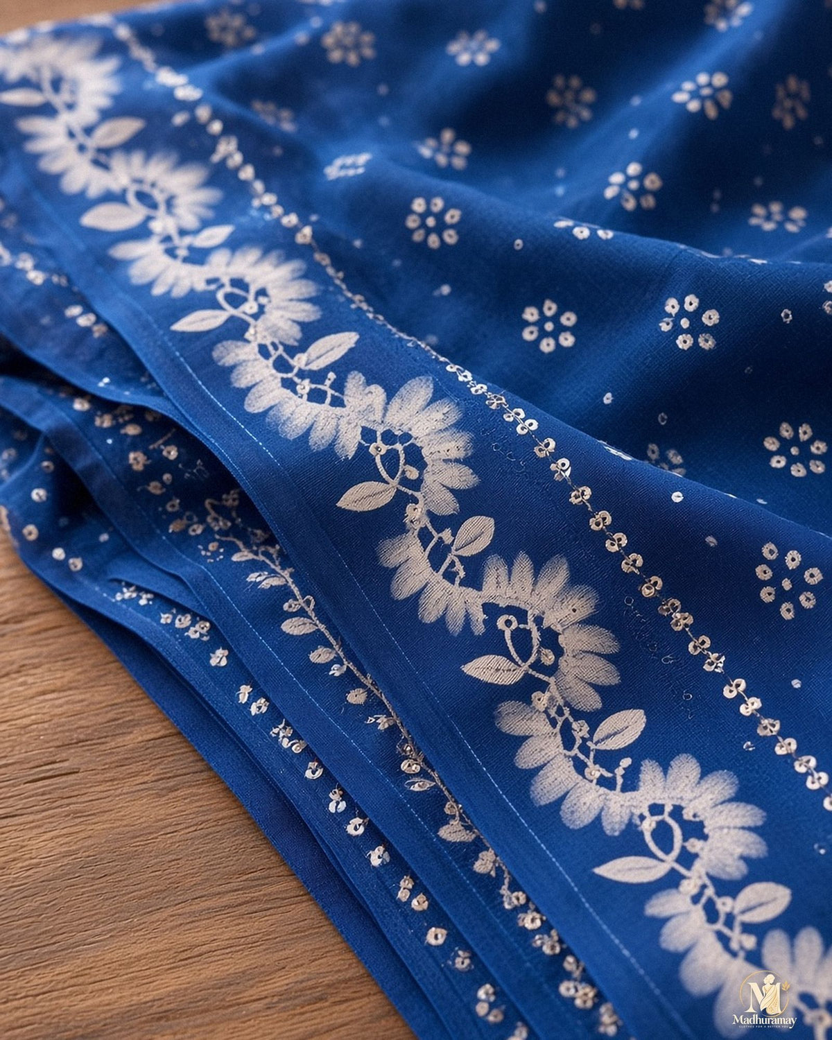 Royal Blue Floral Festive Saree with Printed Pallu - image 2