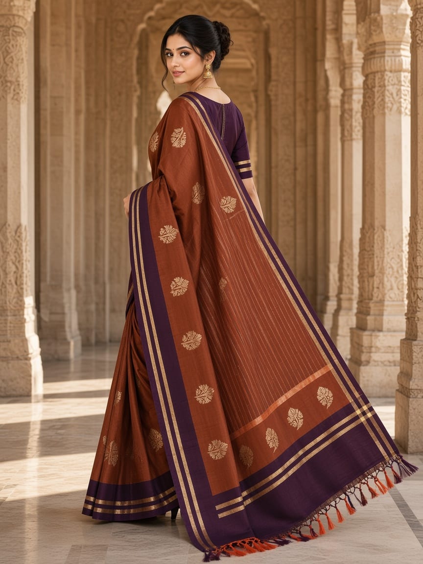 Rust Brown & Plum Golden Heritage Festive Saree - image 5