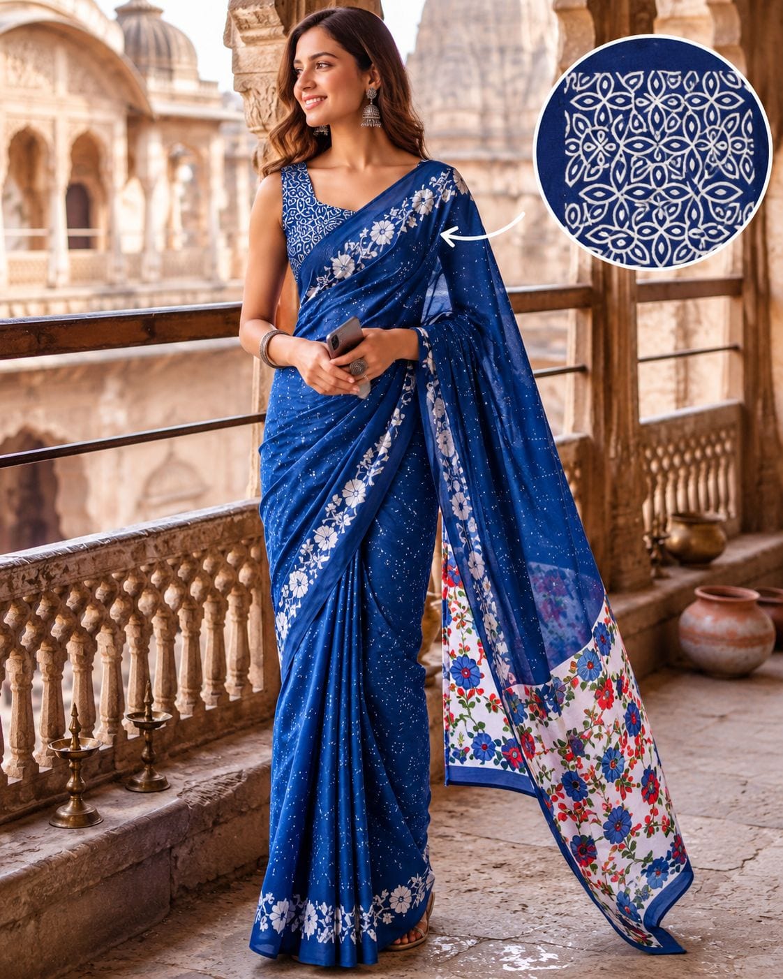 Royal Blue Floral Festive Saree with Printed Pallu - image 1