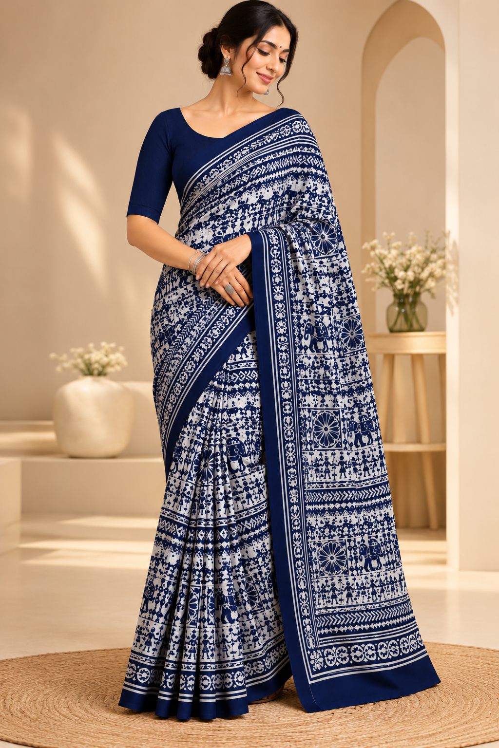 Navy Blue & White Festive Print Saree - image 6