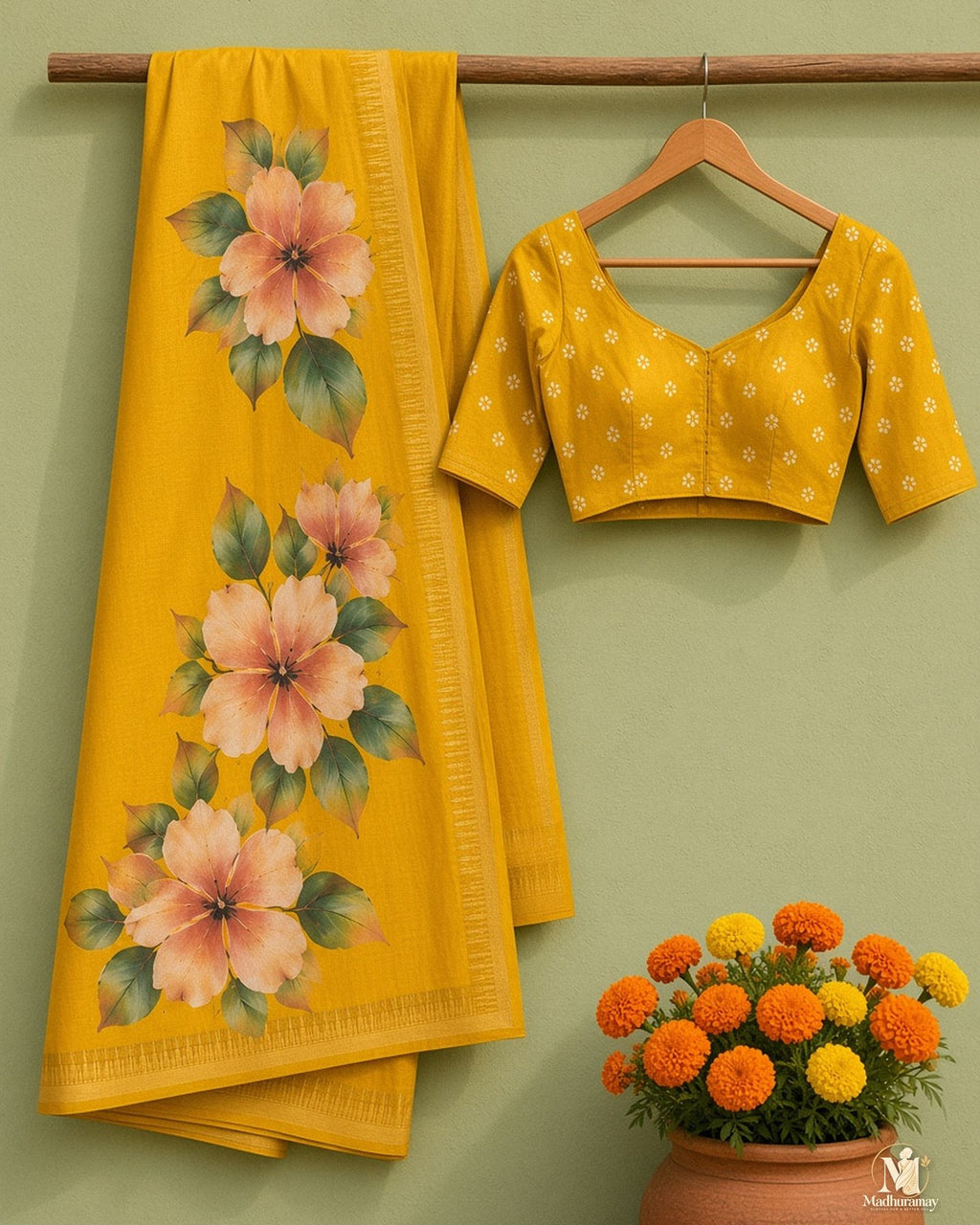 Sunshine Yellow Festive Bloom Saree with Zari Border - image 2