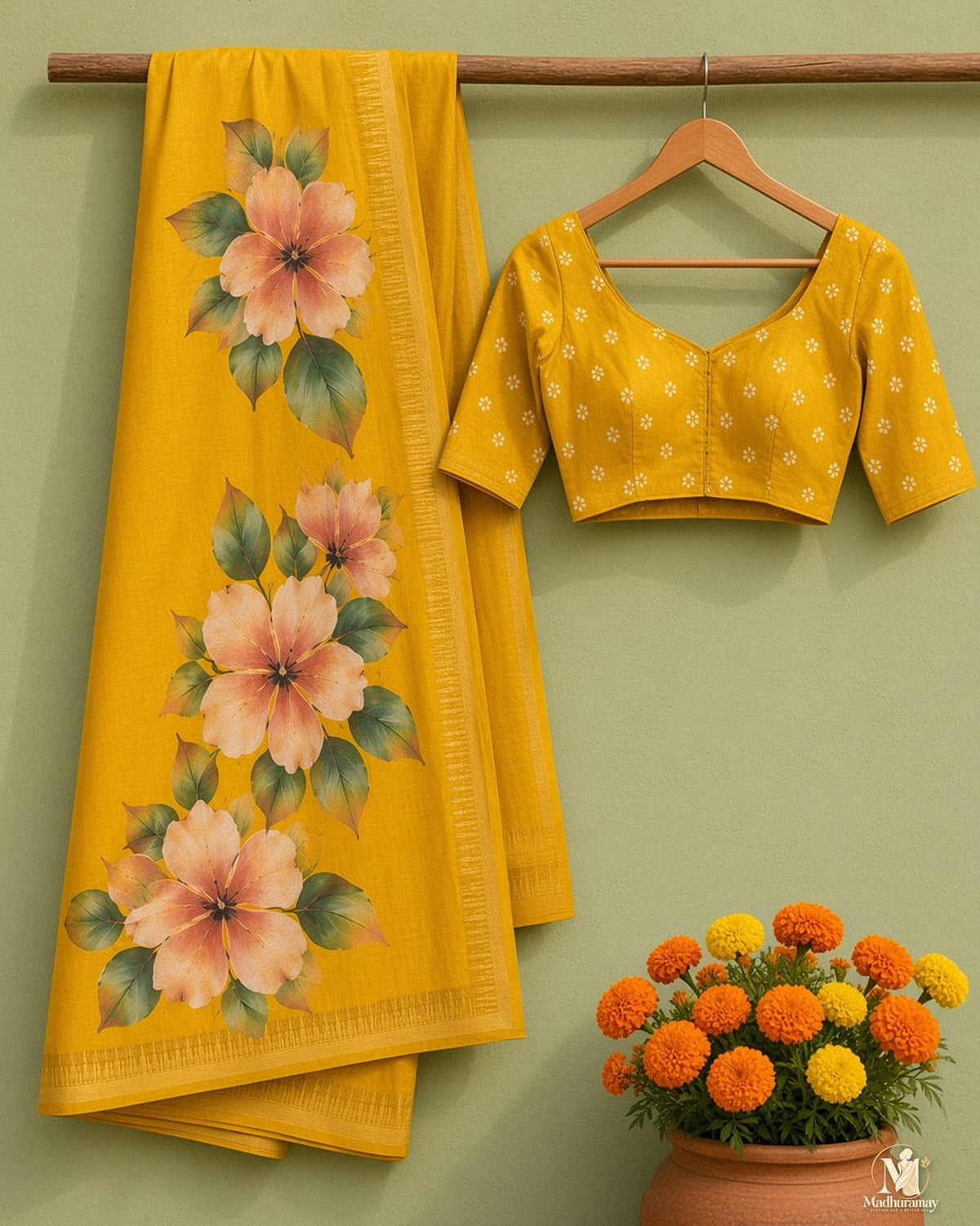 Sunshine Yellow Festive Bloom Saree with Zari Border - image 2