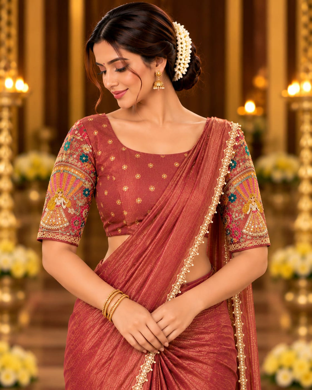 Rose Rust Golden Woven Party Glam Saree - image 6