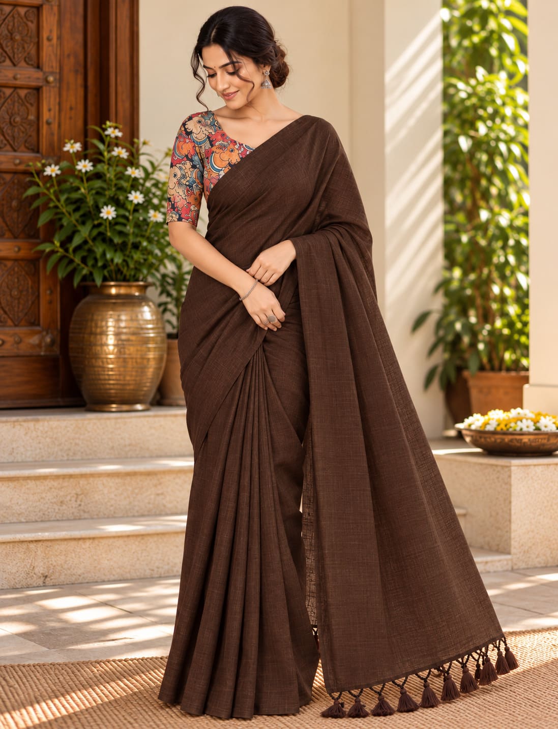Chocolate Brown Tassel Pallu Festive Saree with Printed Blouse - image 6