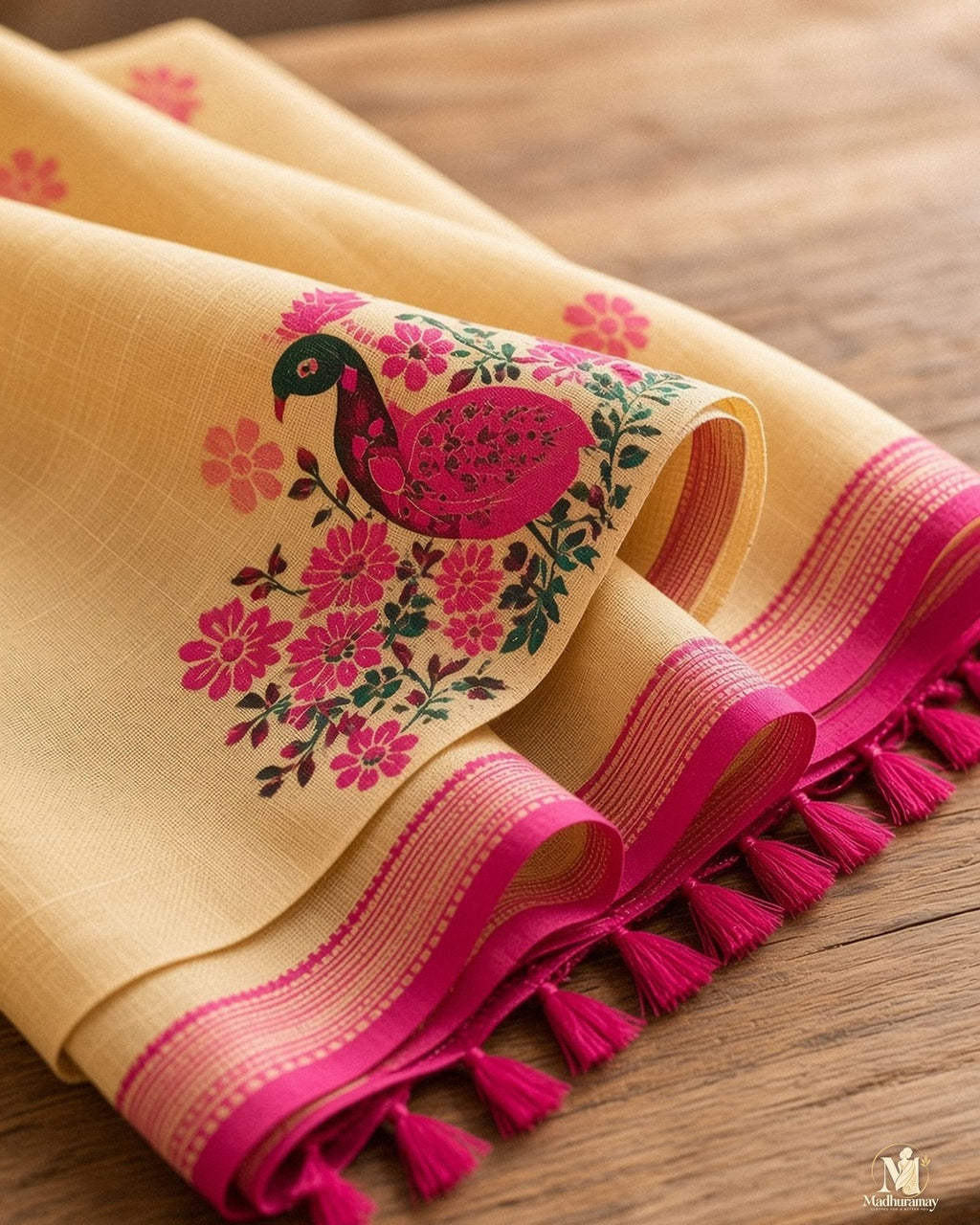 Pale Yellow Peacock Print Festive Saree with Magenta Border - image 4