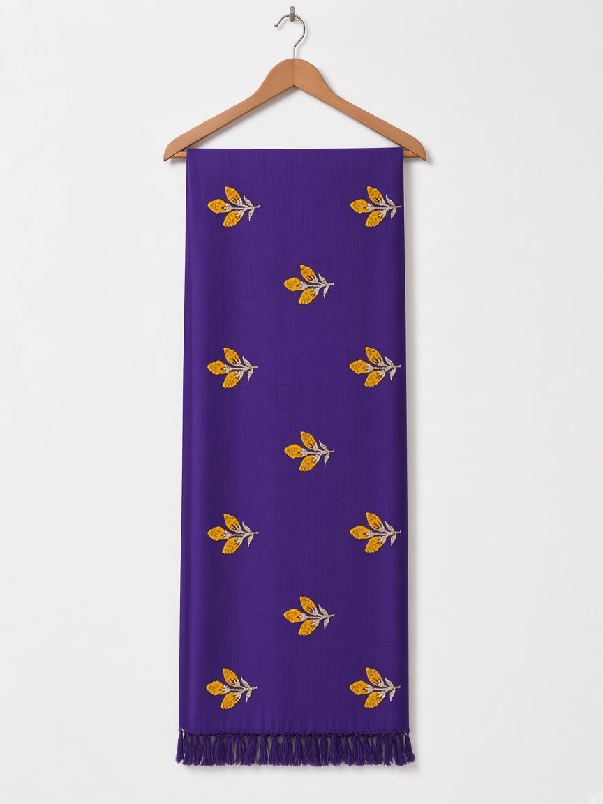 Royal Purple Rose Bud Embroidered Festive Saree with Mustard Blouse - image 4