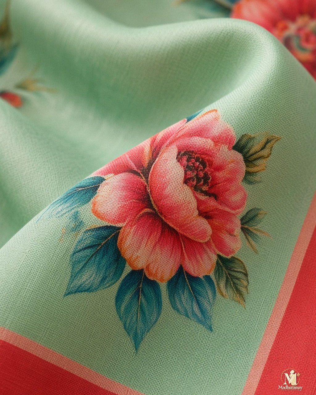 Seafoam Mint Floral Festive Saree with Coral Red Border - image 4