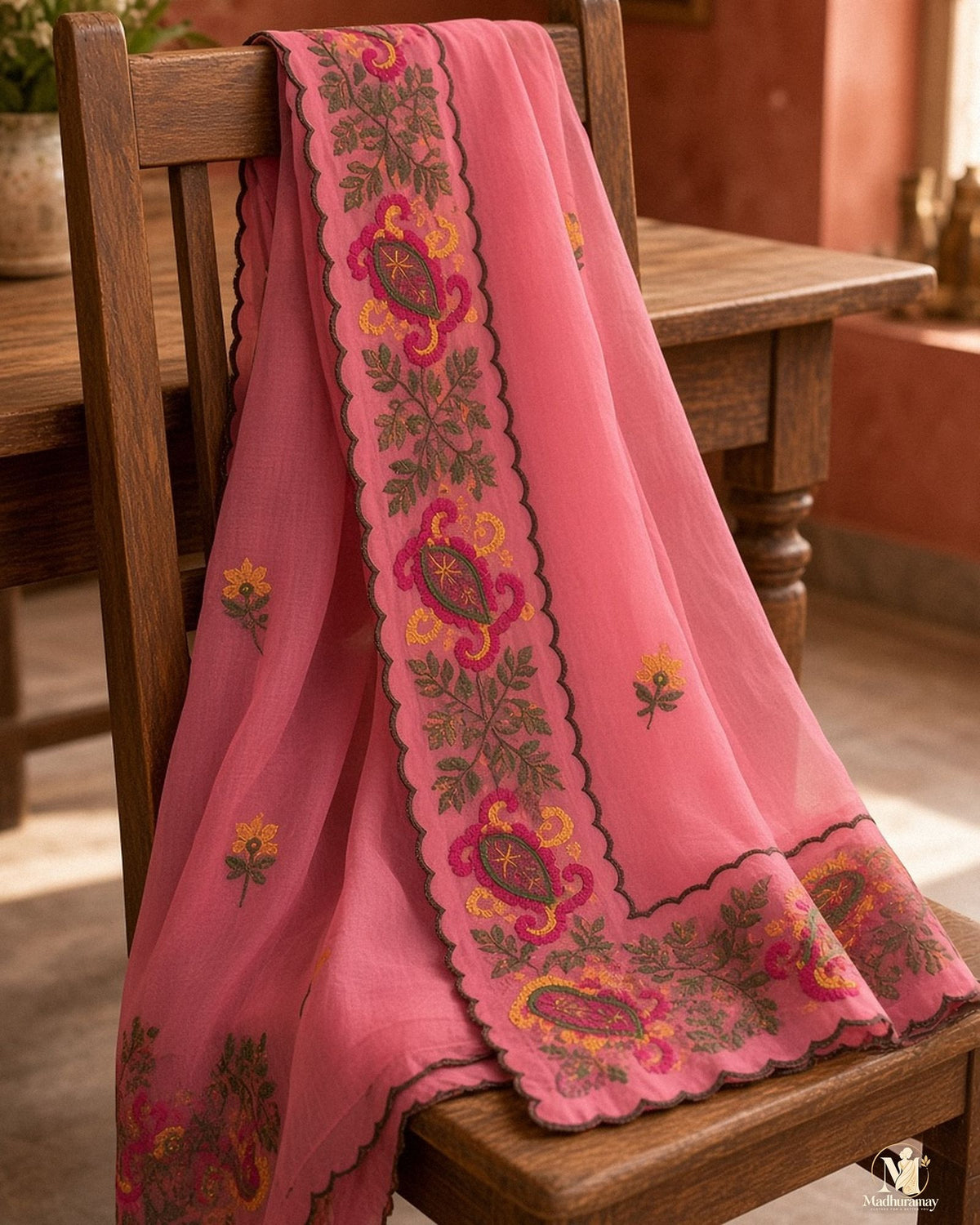 Pink Celebration Blossom Saree with Purple Blouse - image 5