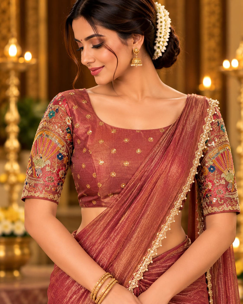 Rose Rust Golden Woven Party Glam Saree - image 4