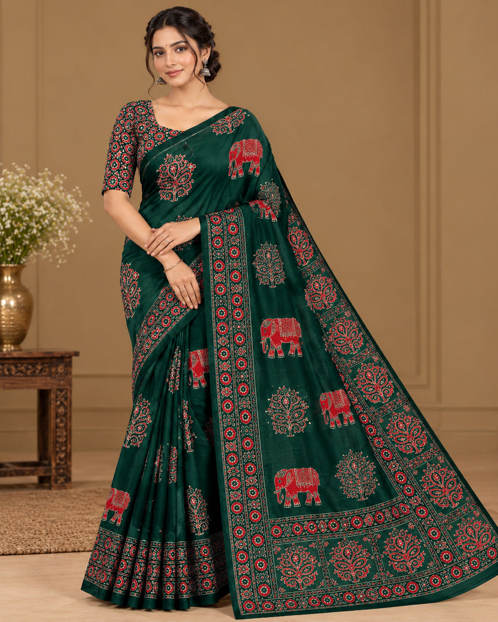 Semi-Ajrak Green Printed Soft Silk Saree with Unstitched Blouse - image 1