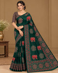 Semi-Ajrak Green Printed Soft Silk Saree with Unstitched Blouse - image 1