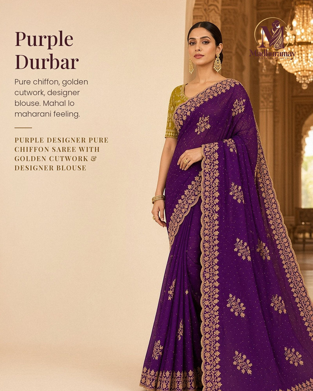 Royal Purple Golden Cutwork Party Glam Saree with Designer Blouse - image 1