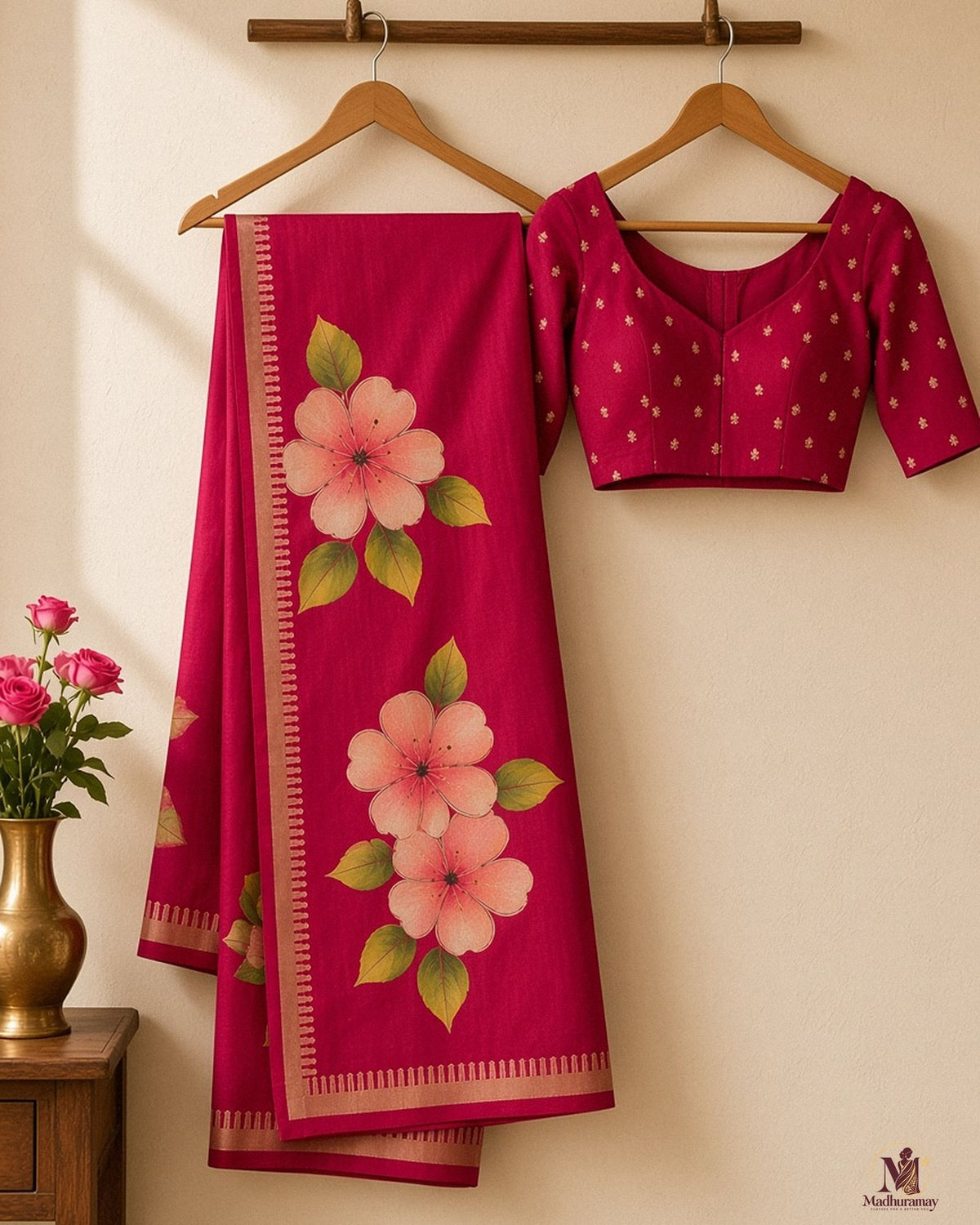 Magenta Pink Festive Bloom Saree with Zari Border - image 2