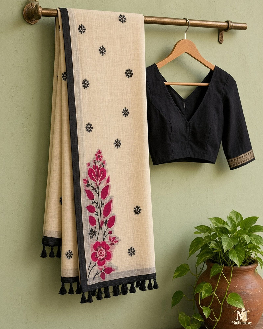 Ivory Beige Botanical Pallu Festive Saree - image 2