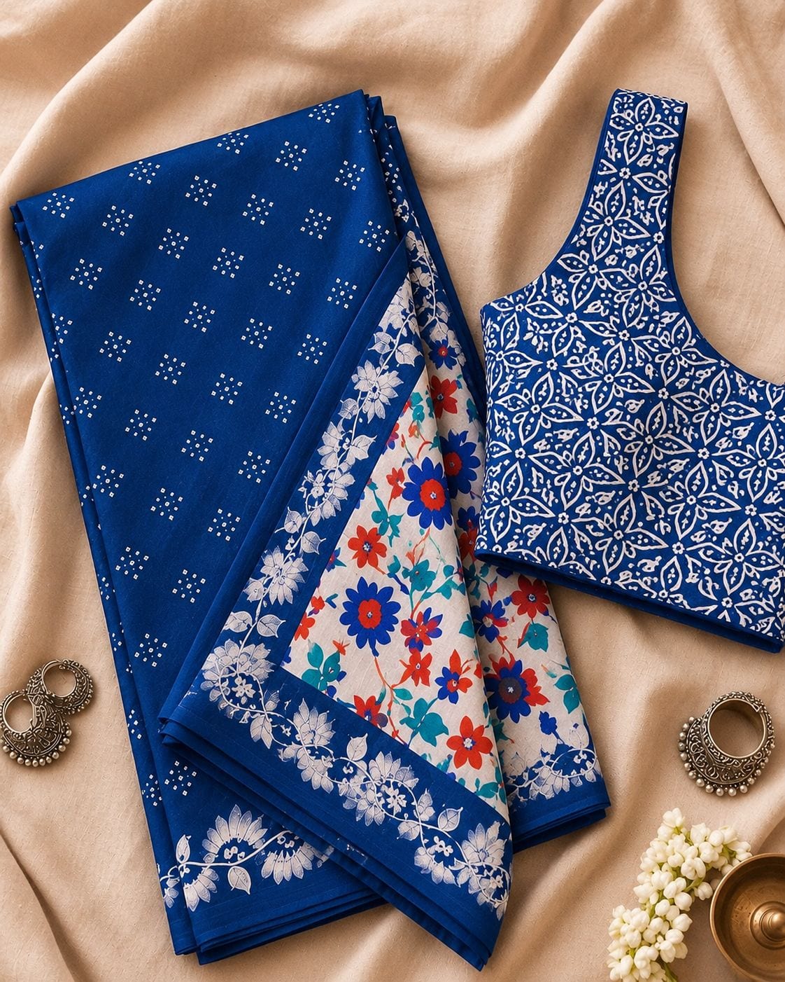 Royal Blue Floral Festive Saree with Printed Pallu - image 4